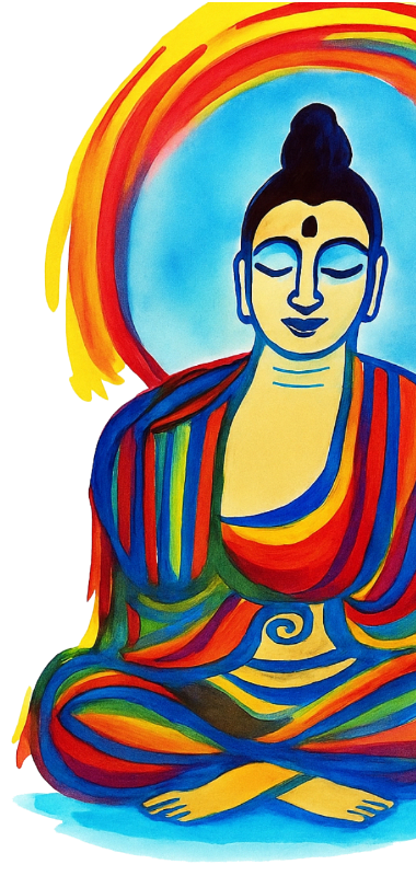 A painted, seated Buddha figure in vibrant colours